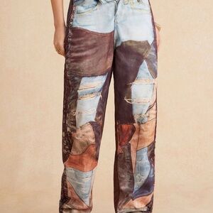 Patchwork Print Wide-Leg Jeans in Multicolor